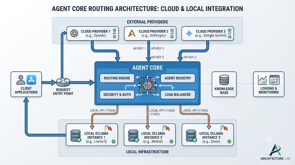 Diagram illustrating hosted versus local provider routing in Hermes Agent
