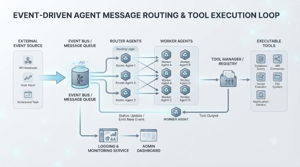 Flowchart depicting agent execution and tool routing loop