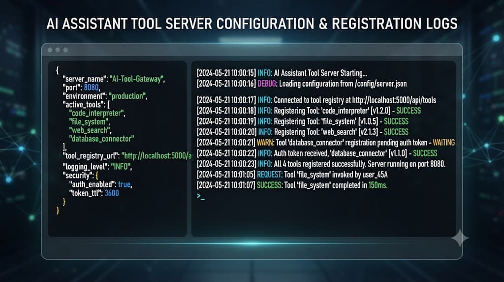 Terminal showing MCP server configuration and tool discovery logs
