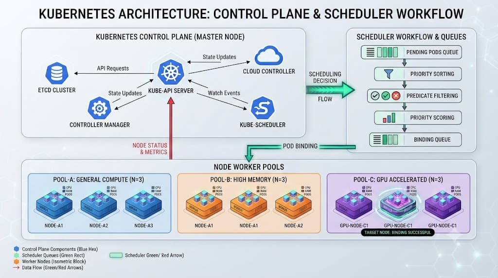 Architectural diagram of Kubernetes scheduling pipeline and worker node interaction