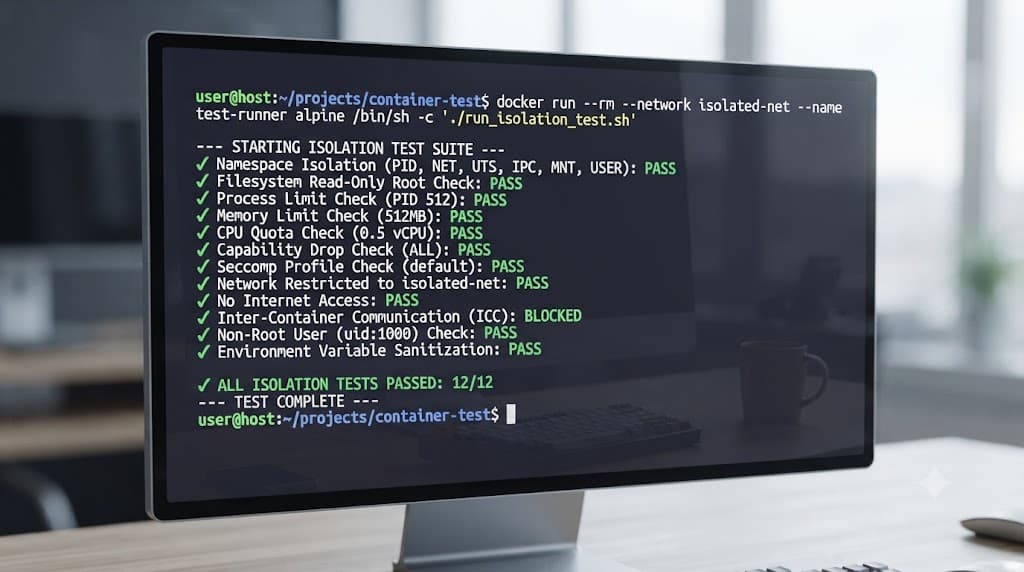 Terminal window showing Docker sandbox configuration and execution