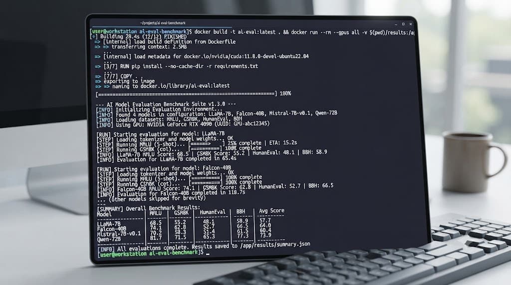 Terminal interface showing Docker commands executing an AI benchmark evaluation