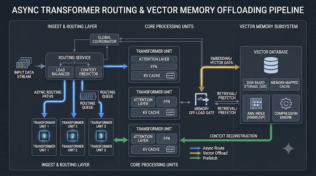 Flowchart diagram showing transformer routing and memory offload mechanics