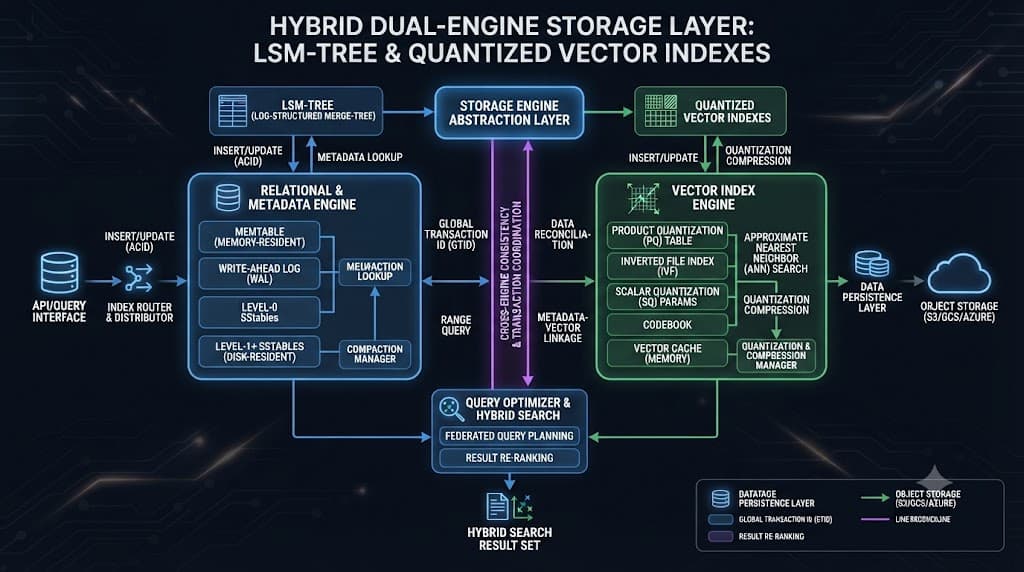 Dual-engine storage layout combining relational metadata and vector storage