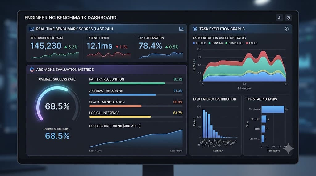Dashboard mockup displaying ARC-AGI-3 benchmark performance and execution metrics