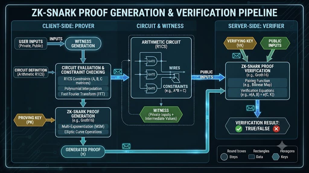Technical workflow diagram of client-side ZKP generation and server verification