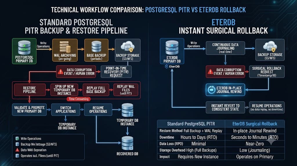 Flowchart diagram comparing PostgreSQL PITR recovery versus EterDB undo log recovery