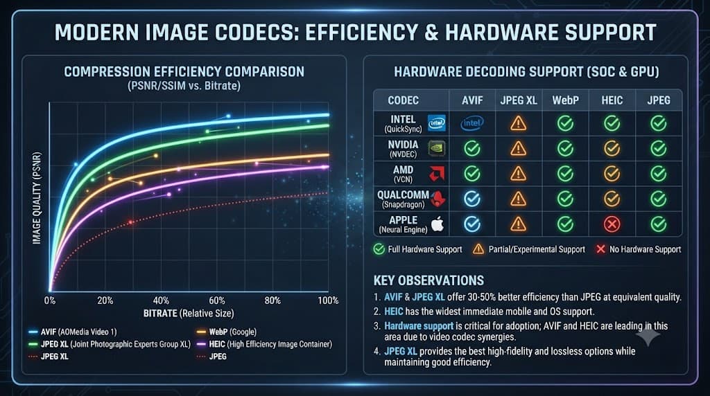 Comparison chart showing image codec metrics and hardware decoding support