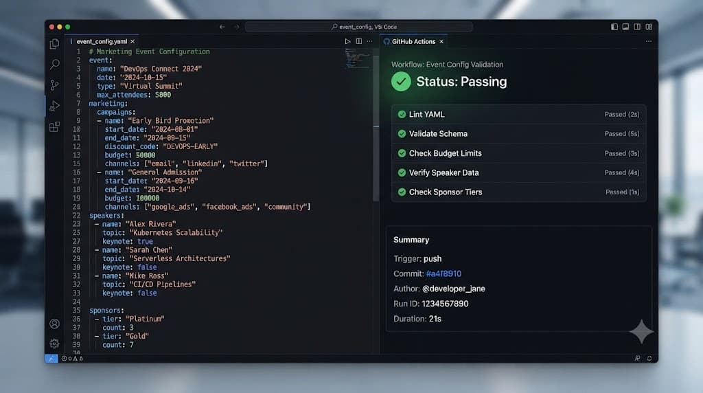 Code editor showing event configuration YAML and successful GitHub workflow check