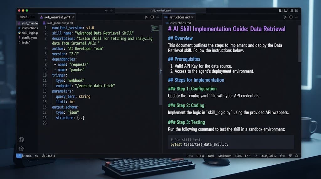 Code editor snippet showing a Hermes Agent custom skill manifest and markdown instructions