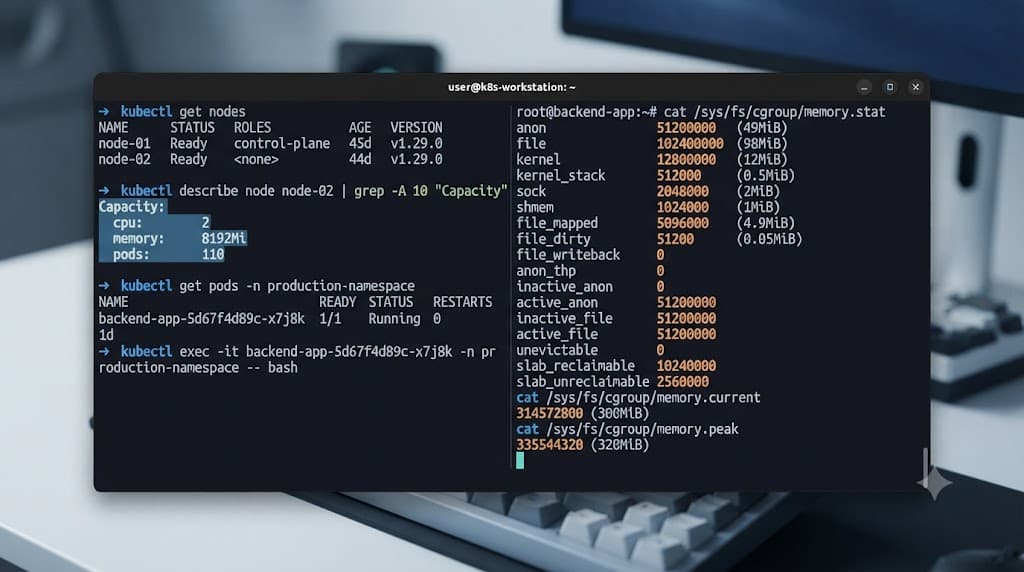 Terminal showing cgroup v2 memory controller configuration and stats