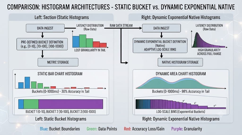 Comparison diagram between static and native exponential histogram buckets