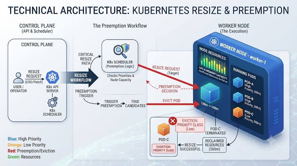 Diagram showing the scheduler preemption workflow during in-place pod resizing