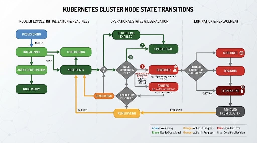 Flowchart illustrating Kubernetes node lifecycle states and transitions