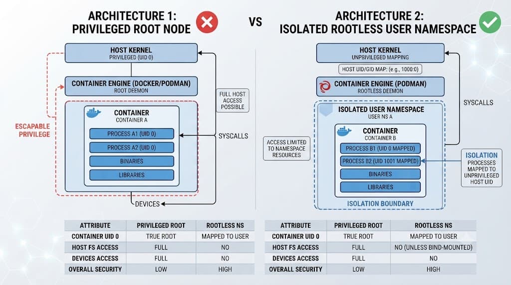 Comparison diagram of root versus rootless Kubernetes node architecture