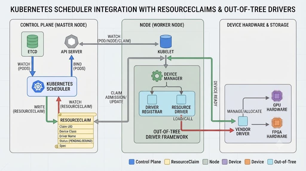 Diagram illustrating Kubernetes DRA scheduling flow and resource claim binding