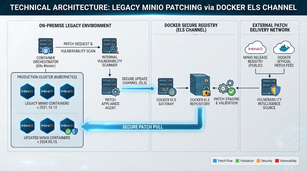 Architecture diagram illustrating how Docker ELS patches end of life MinIO containers