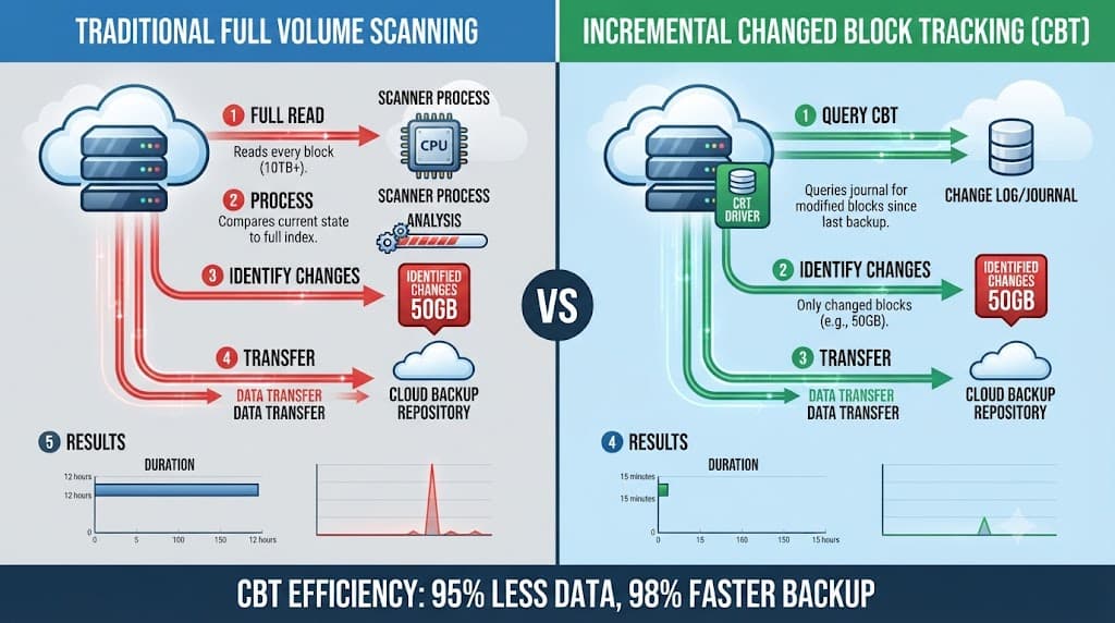 Comparison flowchart between full volume scans and changed block tracking